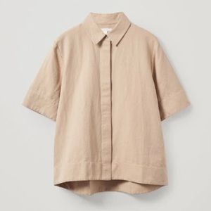 COS Tan Linen Blend Boxy Fit Button Down Top, Short Sleeve, Size 8